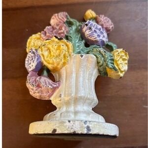 Vintage CAST IRON Door Stop Multi Color FLOWER BASKET Stamped #8   5" x 4"